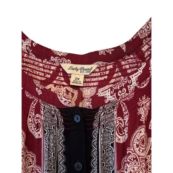 Lucky Brand Womens 2X Paisley Print Boho Button Up Blouse Flowy Boho Peasant - Picture 3 of 9